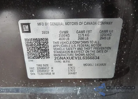 2020 Chevrolet Equinox Awd Lt 1.5L Turbo из США, поврежденный, VIN 2GNAXUEV1L6166834